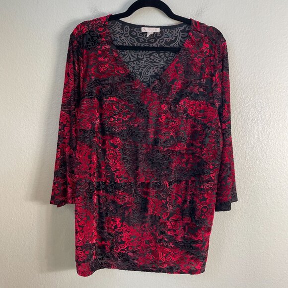 db established 1962 Womens Plus 2X Red Black Velvet Burnout Tiered Tunic Top - Picture 7 of 10